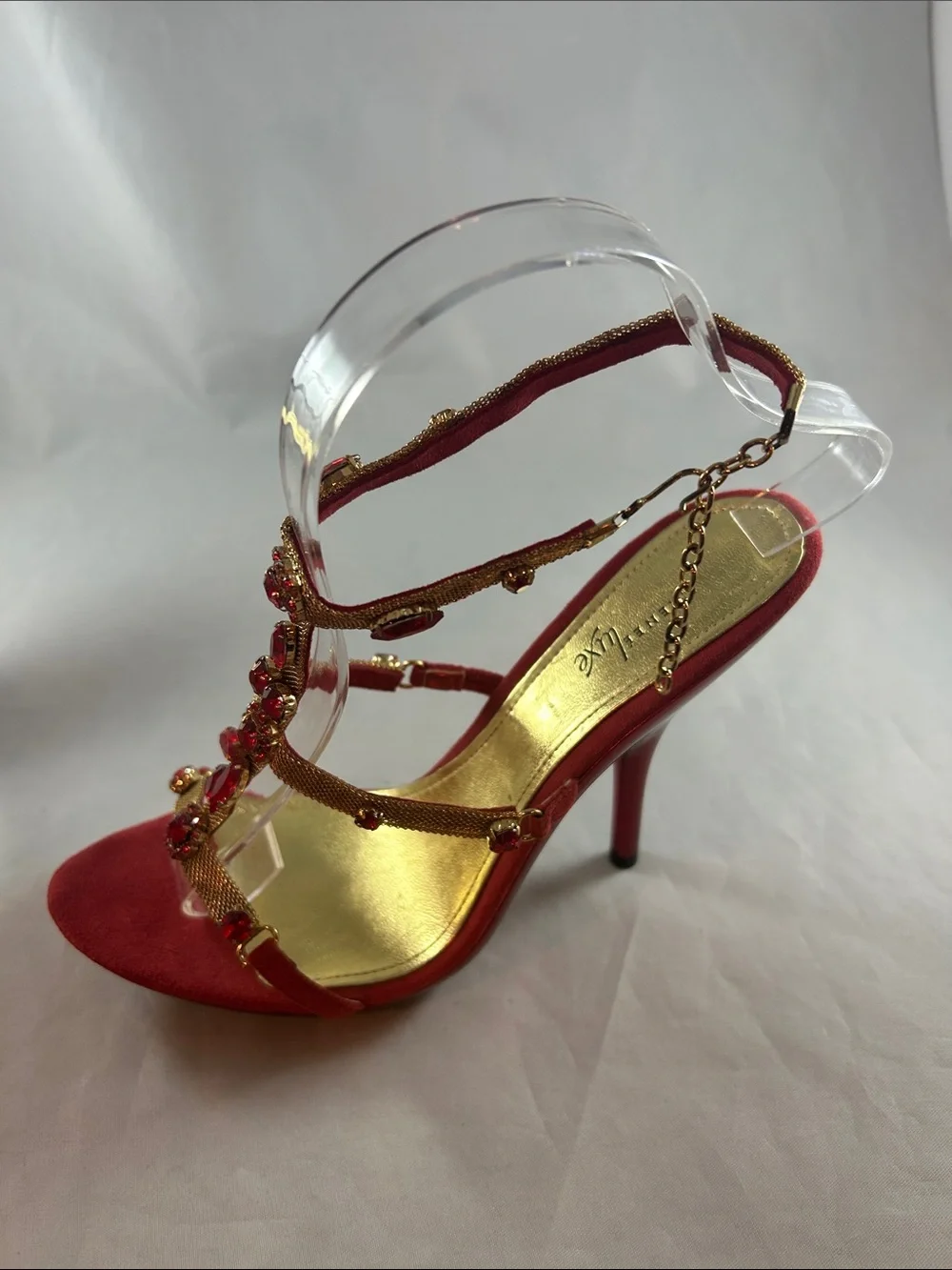 Red Jeweled T-Strap Slingback Heels - Picture 3 of 15